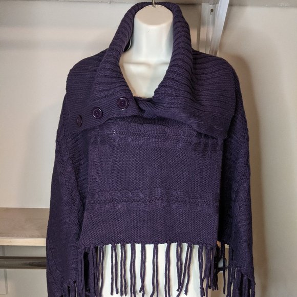 Focus 2000 Purple Cable Knit with Fringe Cowl Neck Cape - Picture 1 of 3